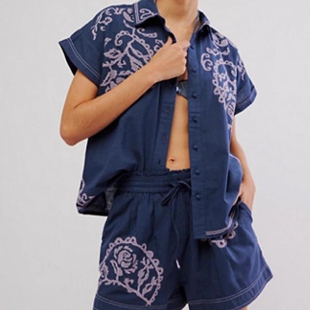 Free People Navy Short-Sleeve Button-Up with Light Purple Embroidery